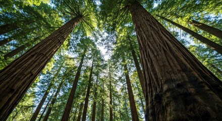 Looking up at giant trees reaching for the sun through their canopies