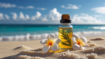 Aromatherapy essential oil bottle with plumeria flowers on a sandy beach by the ocean