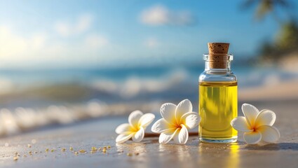 Aromatherapy essential oil bottle with plumeria flowers on a tropical beach at sunset