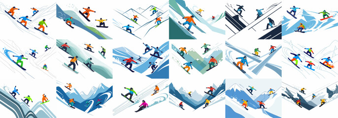 Dynamic illustration collage featuring dozens of snowboarders in bright gear descending steep mountain runs, emphasizing action, winter sport, and adventure. © Nurdayatt