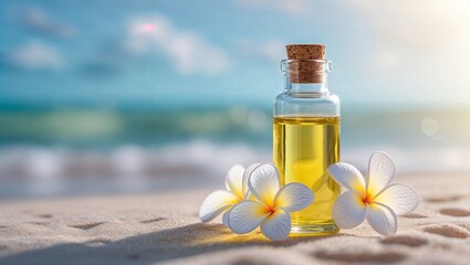 Aromatherapy essential oil bottle with plumeria flowers on a sandy beach with ocean background