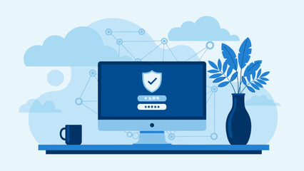 Secure login screen on a computer monitor with a shield icon and a desktop workspace