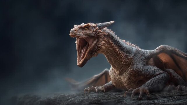 A colossal dragon roars atop jagged rocks as storm lightning forks behind, ash rain. and thunderclap