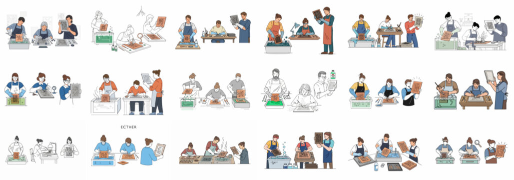 Diverse artists demonstrating the complete process of etching and printmaking, including preparing, scratching, acid bathing, and cleaning the metal plates in detailed line illustrations.