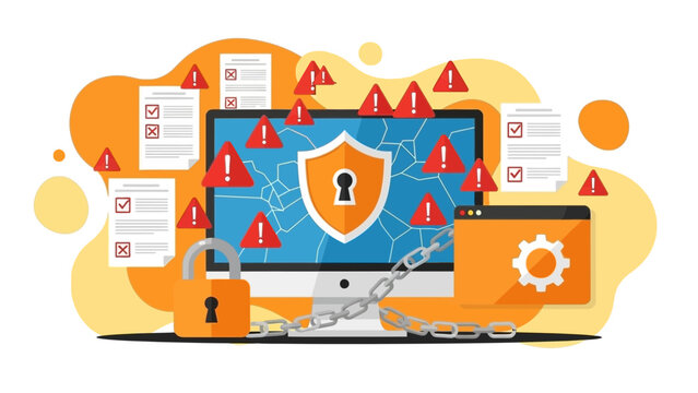 Laptop computer surrounded by security threats and warning signs in a digital landscape