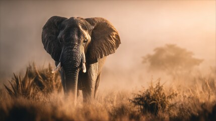 Magnificent Elephant Roaming Freely in African Savannah at golden hour