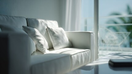 Bright living room interior with modern white sofa and palm tree view