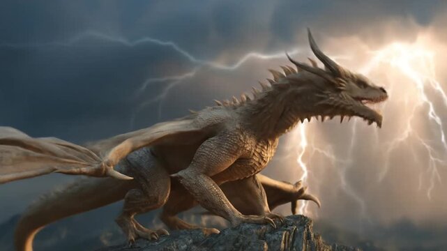 A dragon with bronze scales crouches on a jagged cliff as stormy skies unleash bright lightning. Now!