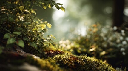 Captivating forest floor scene featuring lush moss and dreamy bokeh light