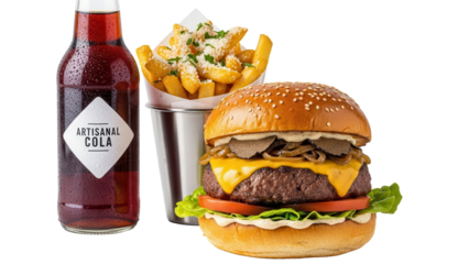 Premium wagyu burger meal with truffle fries and a craft soda beverage isolated on white background