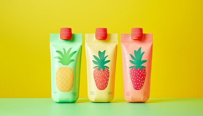 Fototapeta premium Three stand up pouches with fruit illustrations. The packaging shows a pineapple and two strawberries against a vibrant background