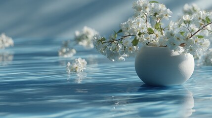 Delicate white blossoms in a spherical vase reflecting on a tranquil water surface