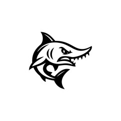 Fierce shark head logo in bold black and white vector illustration, isolated on white background