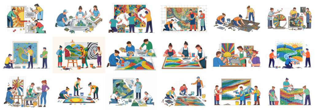 Mosaic Art Creation Process Illustration Set: People Laying Tiles, Designing Patterns, and Crafting Colorful Artistic Surfaces.