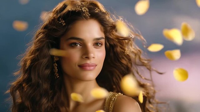 Elaborately styled hair with decorative pins, floating petals fore and background, serene expression, cinematic soft-focus, cultural elegance, with copy space