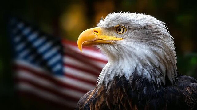 Focused eagle profile showing powerful beak and smooth feather details, national flag behind softly waving defocused, patriotic wildlife, with copy space