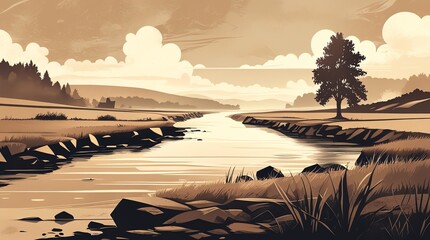 Sepiatoned landscape with a winding river a lone tree on the right bank and rolling hills under a cloudy sky