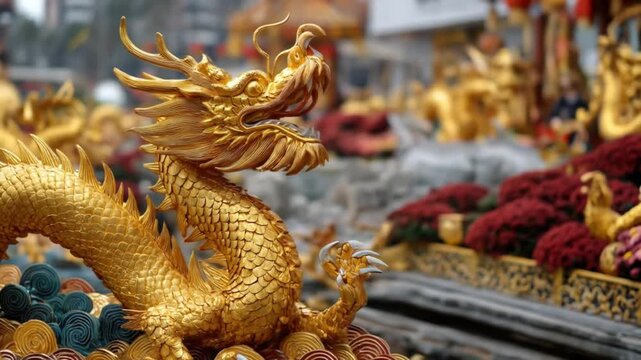 Gold dragon statue coils atop ornate temple decor, amid red blossoms and ornate festival gleam glow