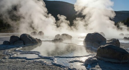 Hot springs steam over rocks in a valley with sunlit mountain backdrop