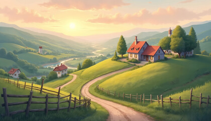 Idyllic rural landscape featuring rolling green hills, winding dirt road, and charming farmhouses under soft, pastel sunset sky. Peaceful countryside scene with meandering river and distant mountains.