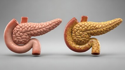 Medical illustration comparing a healthy human pancreas with a diseased or inflamed one, highlighting anatomical differences.