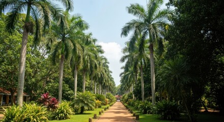 Lush walkway flanked by tall palm trees, sunny sky