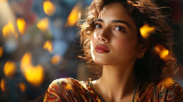 Intimate portrait with traditional makeup, red and gold patterned garments, floating petals in soft breeze, warm natural lighting, cultural beauty, defocused elements, with copy sp