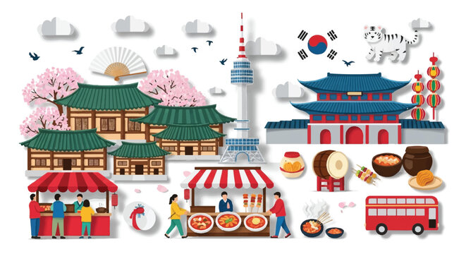 Vibrant South Korea travel concept featuring famous cultural landmarks and popular sights rendered in a charming layered 2D flat paper cut vector illustration style, isolated on clean white.