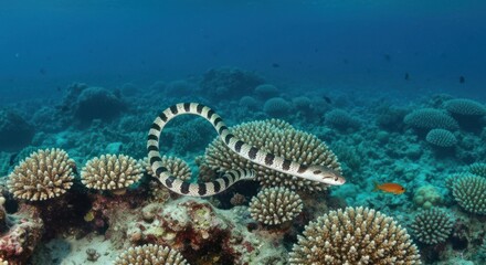 A black and white banded sea snake curves over coral in deep blue ocean
