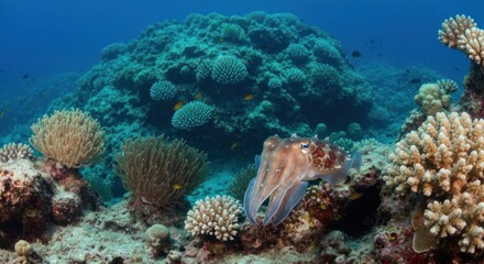 Underwater scene of coral reef with a cuttlefish in the foreground