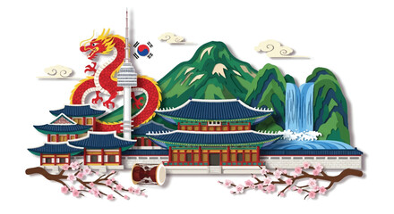 Korean tourism landmarks and famous scenic icons, including traditional architecture and nature spots, illustrated in a vibrant 2D flat papercut art style, isolated on a clean white background.