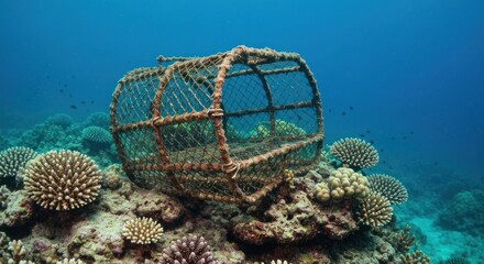 An old, abandoned trap sits on a vibrant coral reef, in deep blue ocean