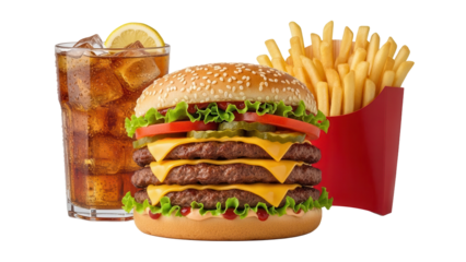 Big appetite meal deal with triple cheeseburger large fries and iced tea isolated on white background