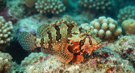 A camouflaged fish with sharp fins perches amidst coral and colorful life