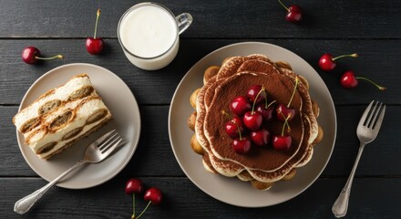Two plates of cake, cherries, and milk on a dark wood surface
