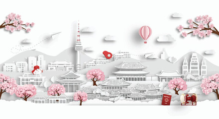Layered papercut 2D flat illustration depicting a vibrant Korean landscape with famous landmarks and cultural travel symbols isolated on a clean white background.