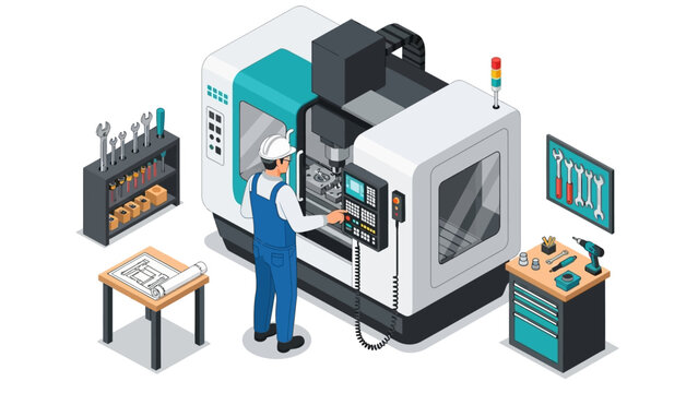 Isometric factory scene with cnc machine and worker in safety gear