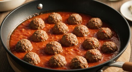 Meatballs simmering in a red sauce within a non-stick pan