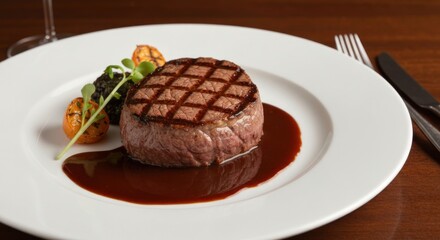 Grilled steak on plate, sides of veggies, sauce, knife & fork present