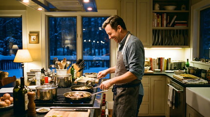 Fototapeta premium Happy man cooking dinner in cozy kitchen with winter snow window view. Laughing male chef frying food at home during evening