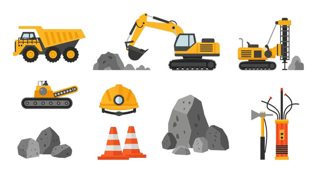 Construction equipment and tools with mining rock elements set