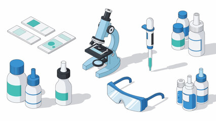 Isometric science lab equipment with microscope and vials on white background