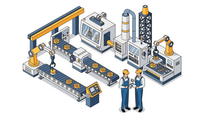 Isometric industrial automation with robotics and conveyor systems