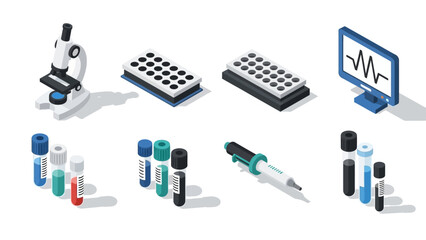 Obraz premium Isometric medical equipment icons: microscope, test tubes, petri dishes, syringe, computer monitor