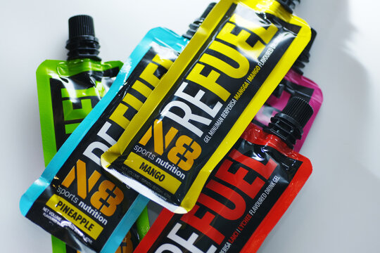 Kuala Lumpur, Malaysia - November 2025: Buying Refuel Energy Gel for marathon running thru online shopping