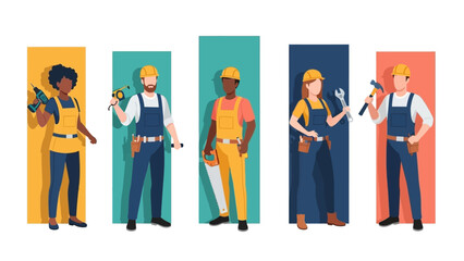 Diverse team of builders and tradespeople in flat design with tools and hard hats
