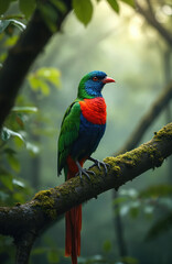 Obraz premium Male resplendent quetzal bird rests on mossy tree branch in misty rainforest. Exotic creature exhibits vibrant green, blue, red plumage. Its long tail feathers hang down. Creature eats wild avocado.