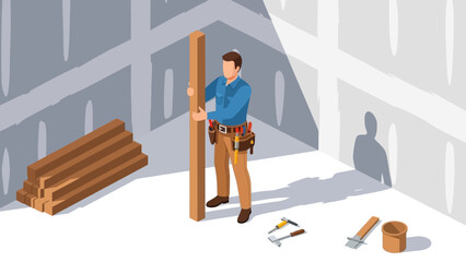 Isometric construction worker holding beam in drywall room