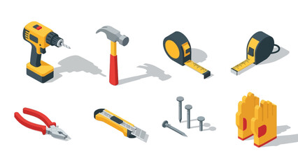Isometric tools collection: drill, hammer, tape measure, pliers, utility knife, nails, gloves