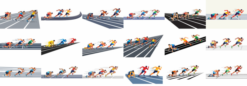 Sprint race athletes starting sequence vector set, showing runners at the blocks, explosive start, and powerful acceleration on the track.